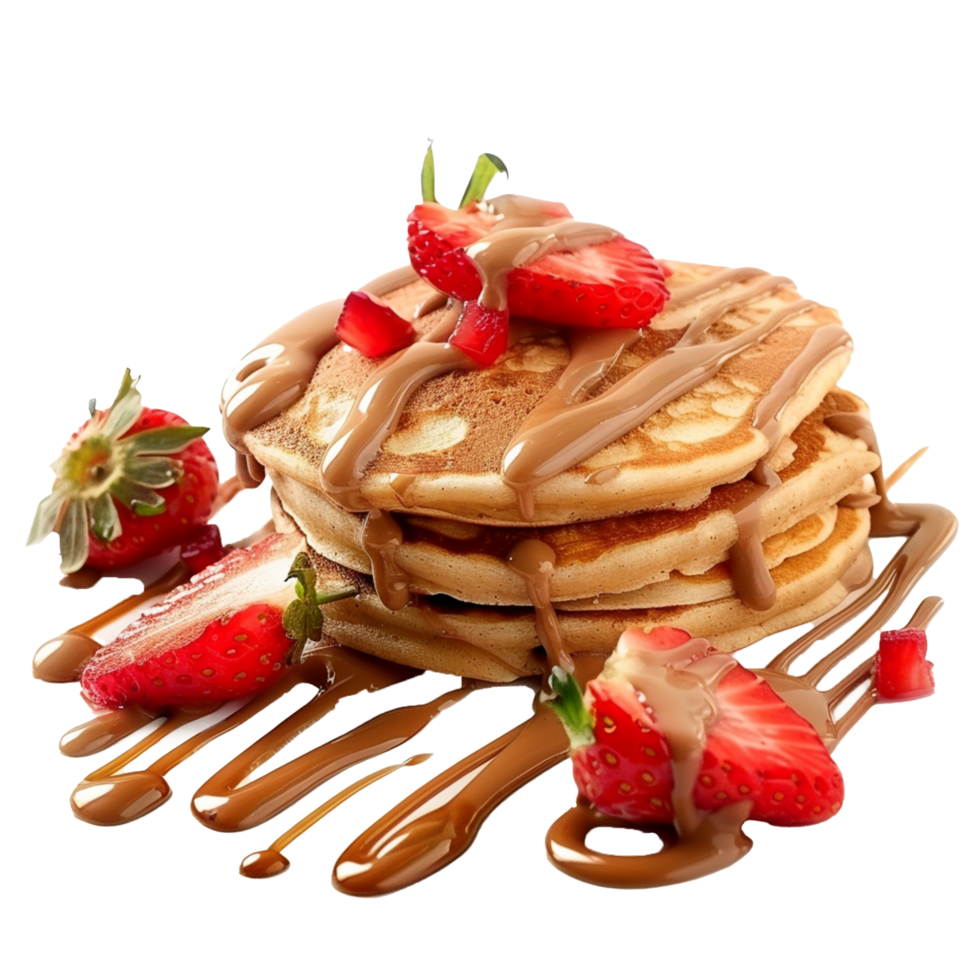Delicious Stack of Buttery Pancakes Topped with Fresh Strawberries and Chocolate Sauce png