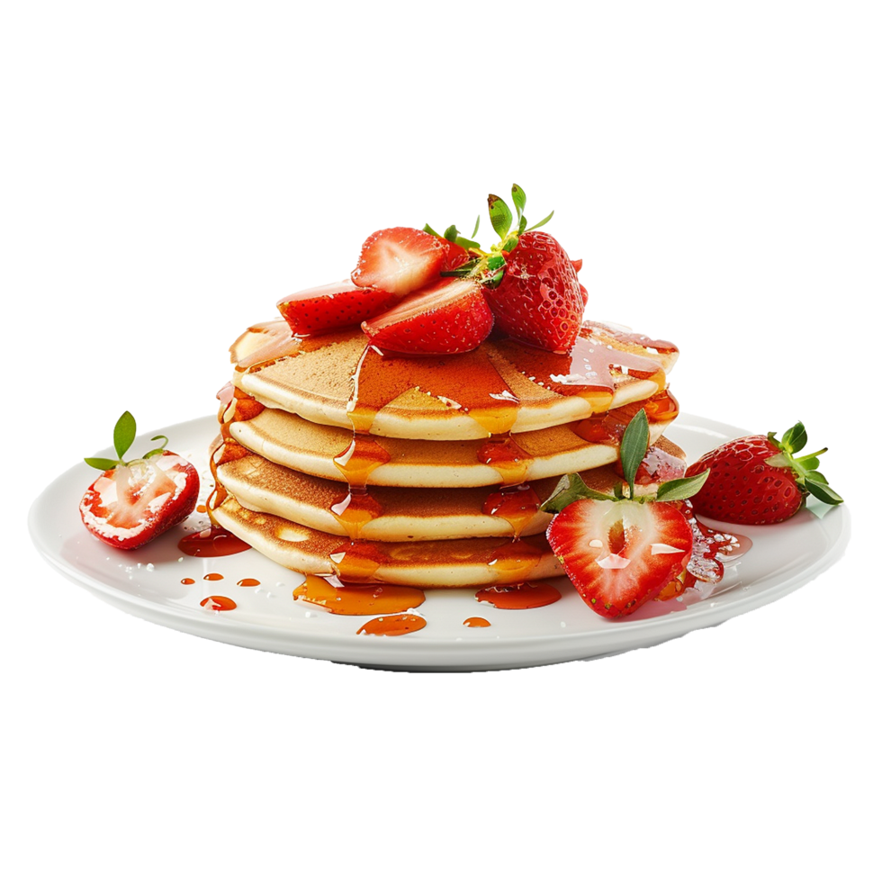 Delicious Stack of Buttermilk Pancakes Topped with Fresh Strawberries and Drizzled Maple Syrup png