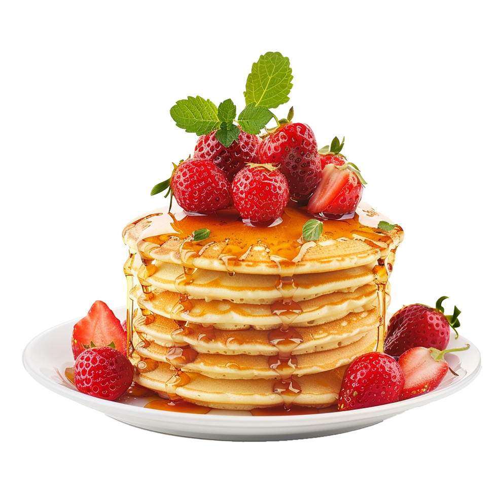 Stack of Buttery Pancakes Topped with Fresh Strawberries and Drizzled with Maple Syrup png