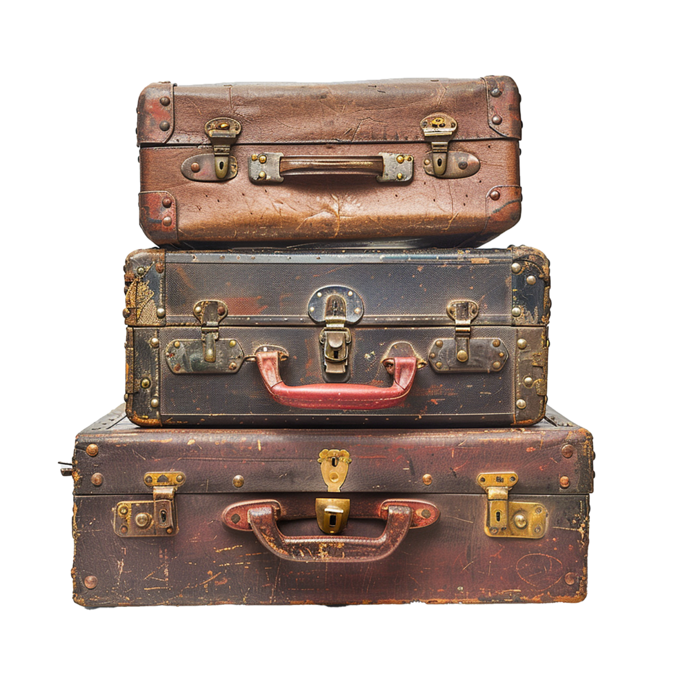 A Stack of Three Vintage Leather Suitcases Antique Travel Bags, Retro Luggage, Worn and Weathered png