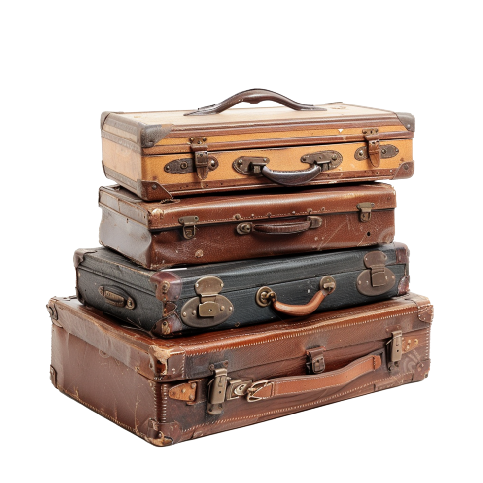 A Stack of Vintage Leather Suitcases, Antique Travel Bags, Retro Luggage Collection png