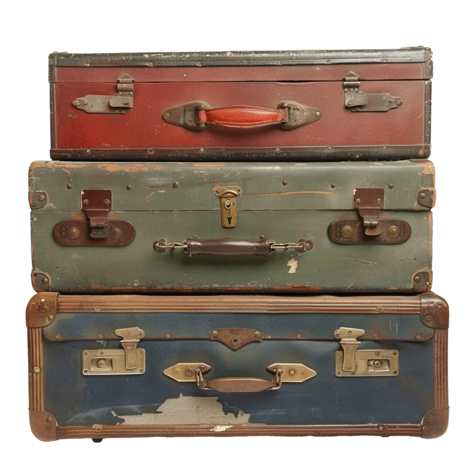 A Stack of Three Vintage Suitcases Ready for a Journey png