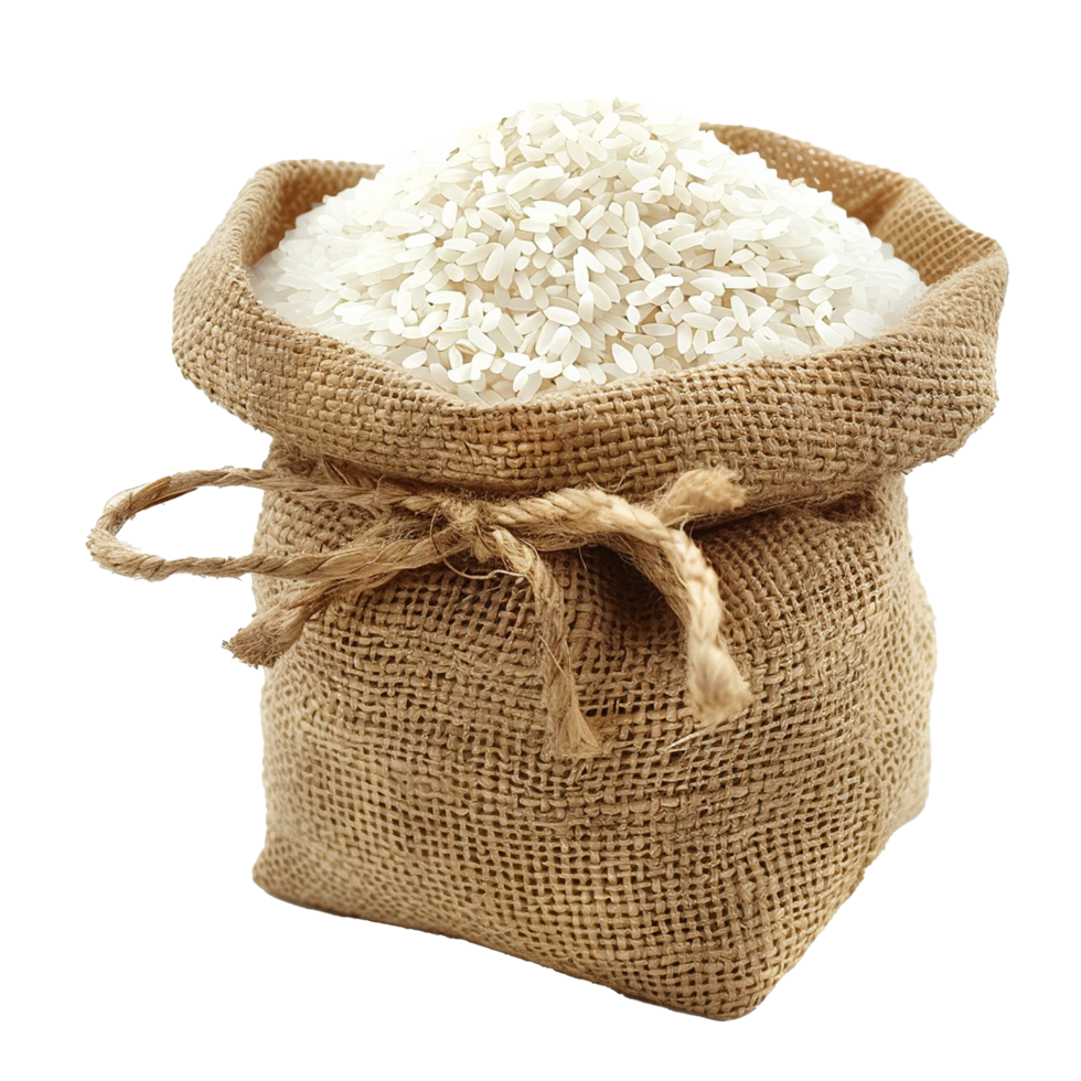 A Burlap Sack Full of White Rice Grains Ready for Cooking or Consumption png