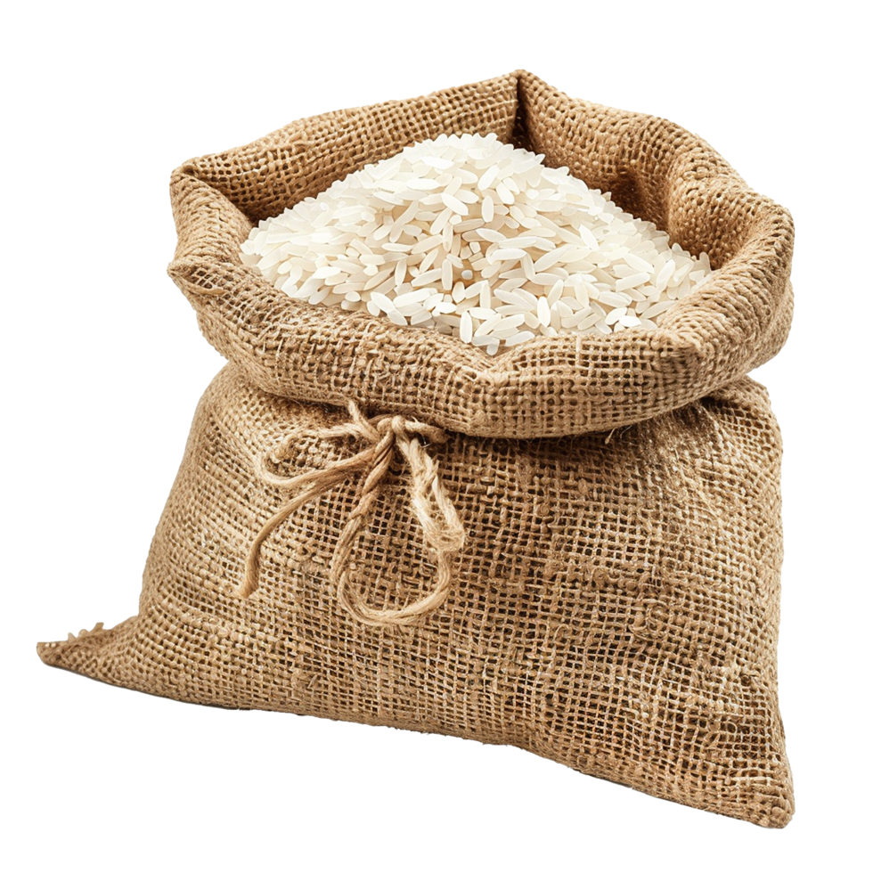 burlap sack full of uncooked white rice grains png