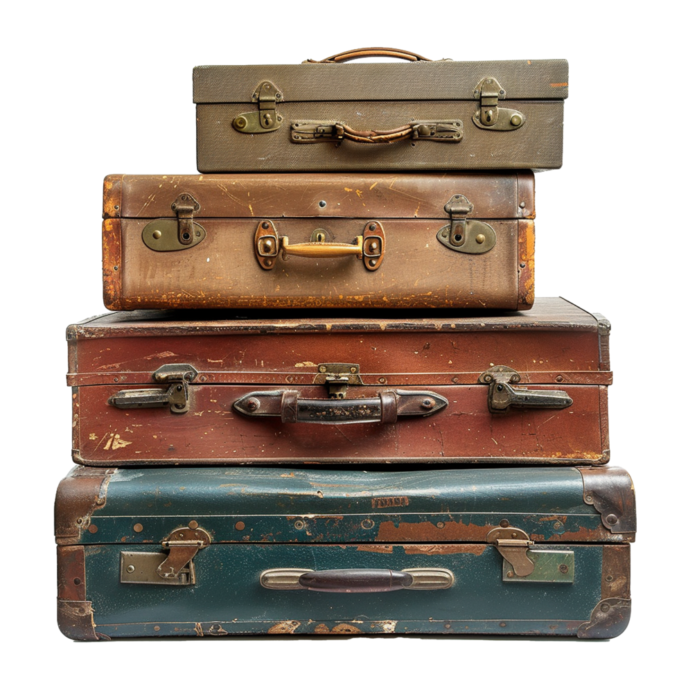 A Stack of Vintage Suitcases Retro Travel Bags, Worn Leather and Metal Hardware png