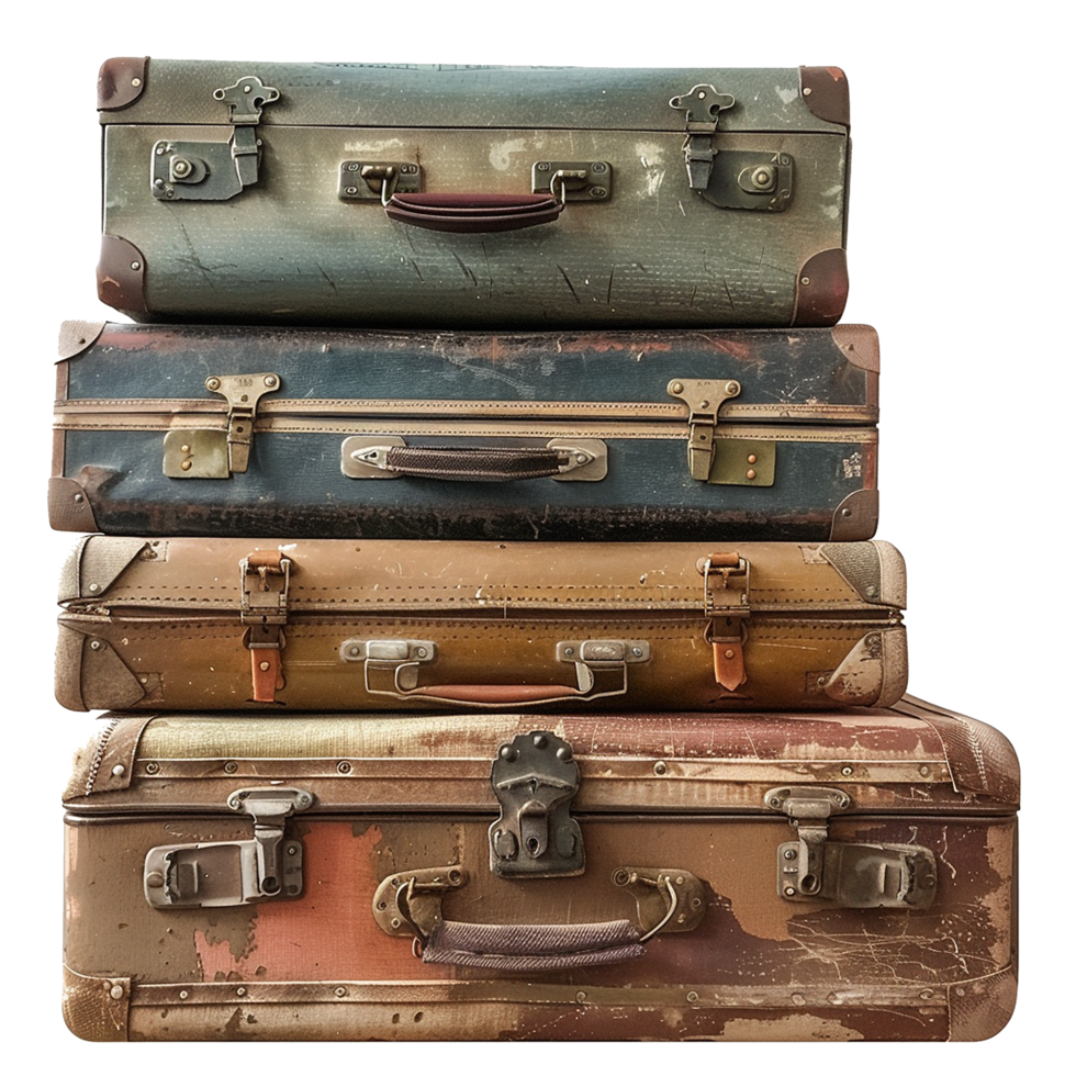 A Stack of Vintage Suitcases Retro Travel Bags Showing Signs of Age and Wear png