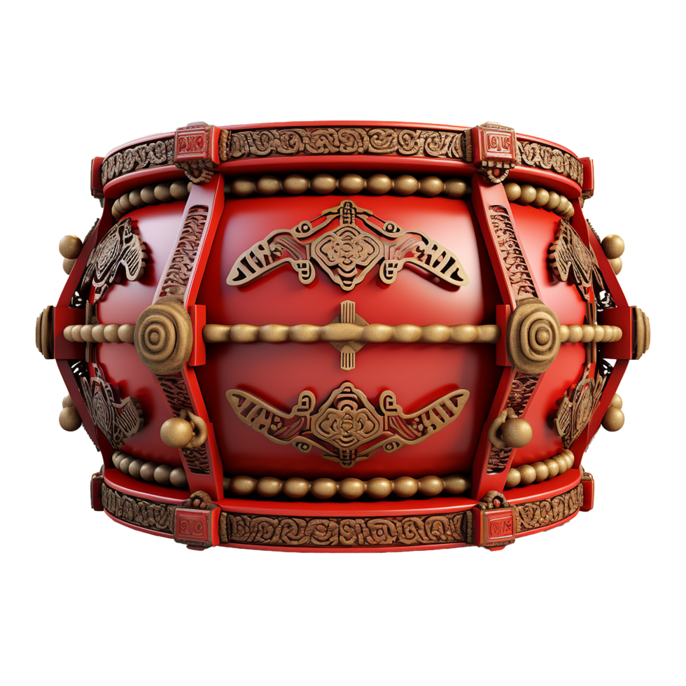 Intricate Red and Gold Ceremonial Drum 3D Render with Ornate Carvings and Chinese Style Design png
