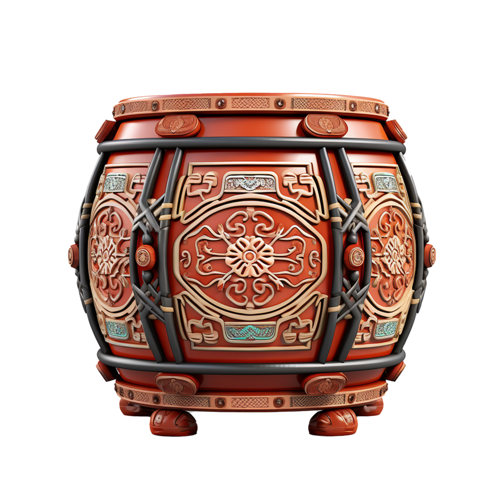 Intricate Red and Black Chinese Style Drum with Gold Accents and Detailed Carvings png