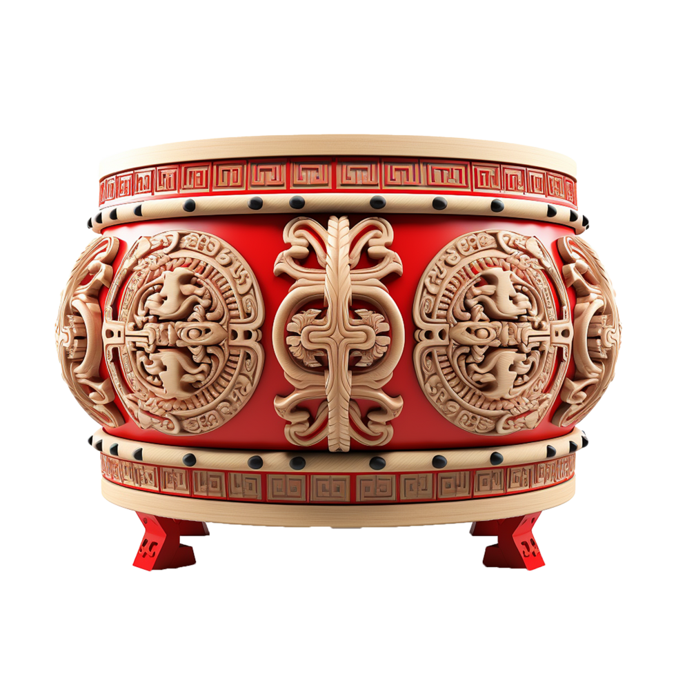Intricate Red and Beige Chinese Style Drum with Ornate Carvings and Geometric Designs png