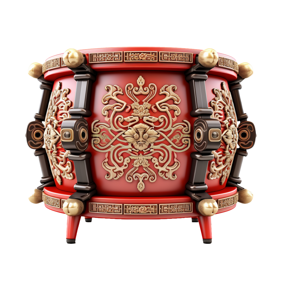 Ornate Red and Gold Chinese Ceremonial Drum with Intricate Carvings and Decorative Elements png