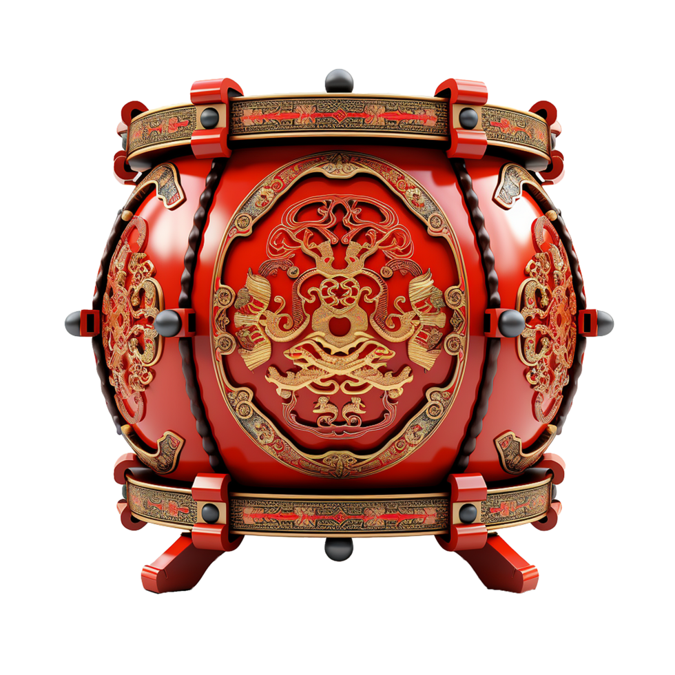 Intricate Red and Gold Chinese Ceremonial Drum with Elaborate Carvings and Designs png