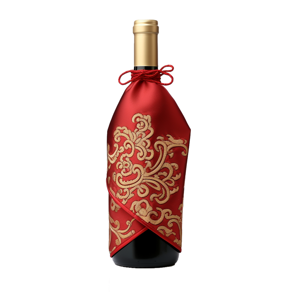 Elegant Red Wine Bottle with Gold Embroidered Satin Wrapper png