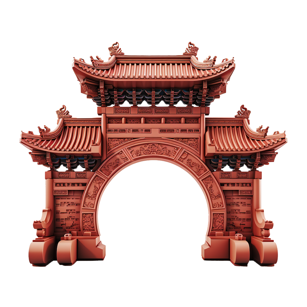 Ornate Red Chinese Style Archway Entrance Gate 3D Render png