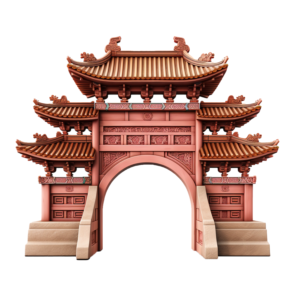 Ornate Red Chinese Style Archway with Tiered Roofs and Intricate Carvings png