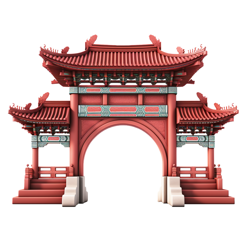 Traditional Chinese Red Archway Gate Entrance Pagoda Style Architecture 3D Render png