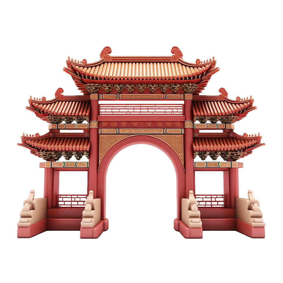 Ornate Red Chinese Style Archway Gate 3D Render Architectural Design png
