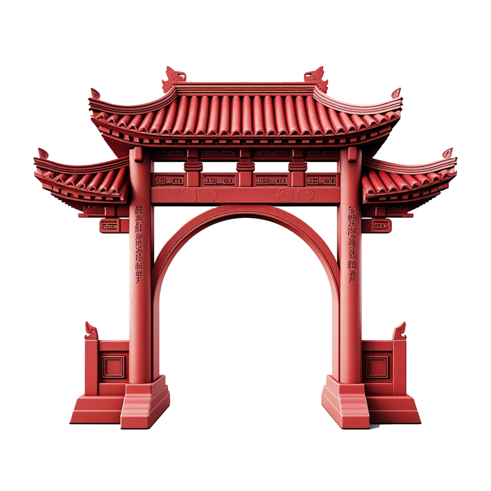 Traditional Chinese Red Archway Gate Entrance Design 3D Render png