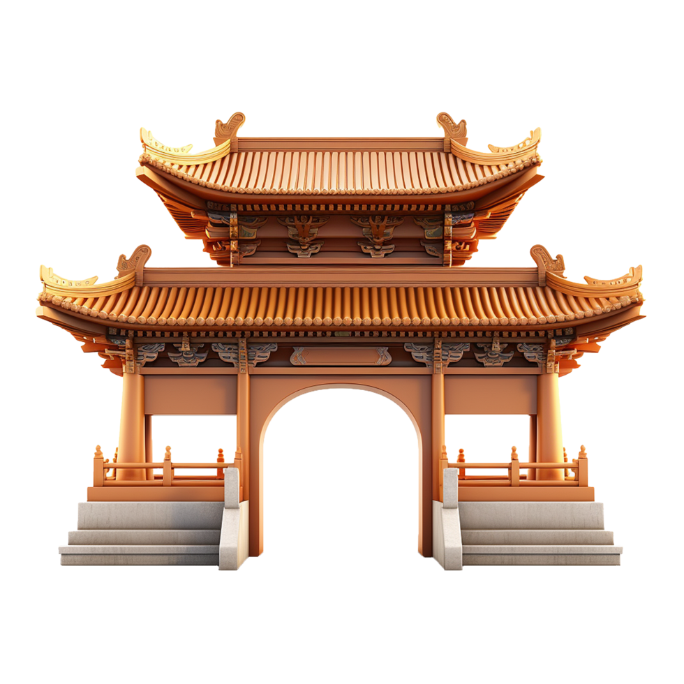 Ornate Chinese Style Double Roof Archway Gate Entrance 3D Render png