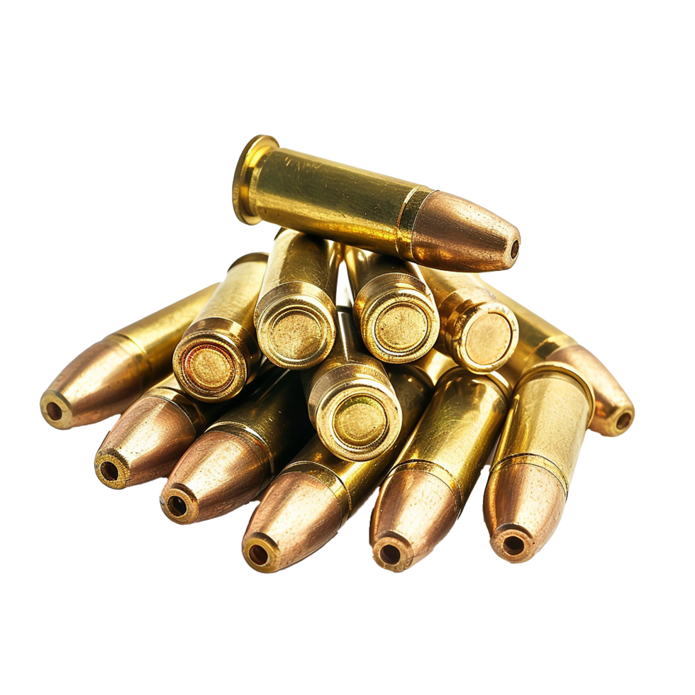 Closeup of a Stack of Brass Ammunition Rounds for Handguns or Rifles png