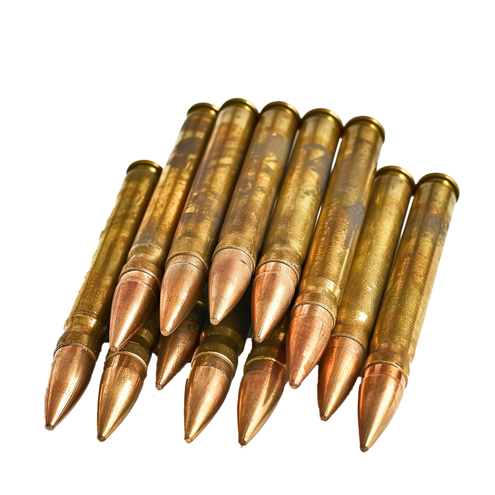 Closeup of a Stack of Ammunition Brass Rifle Cartridges Military Bullets png