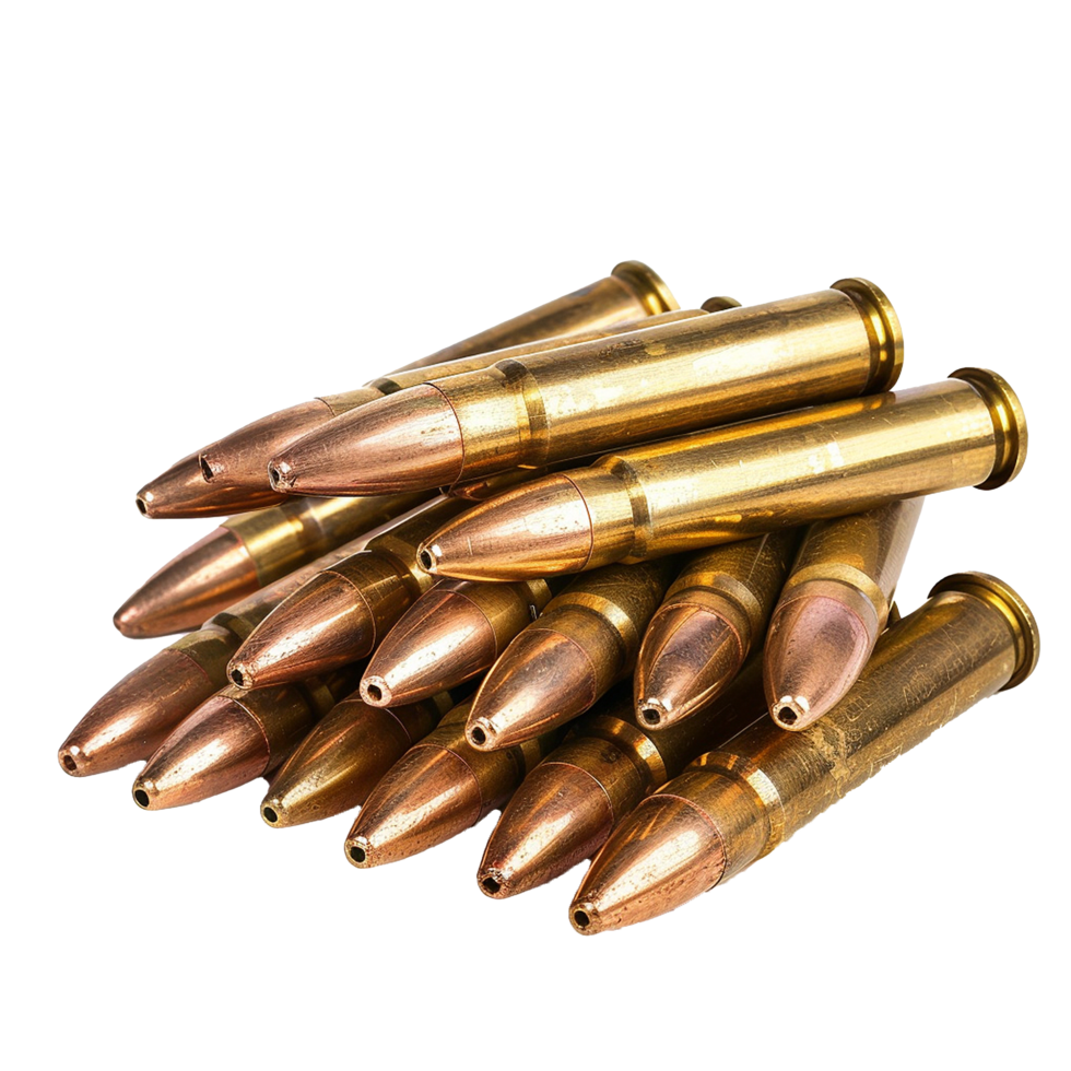 Closeup view of a pile of brass rifle cartridges ammunition bullets firearm projectiles png
