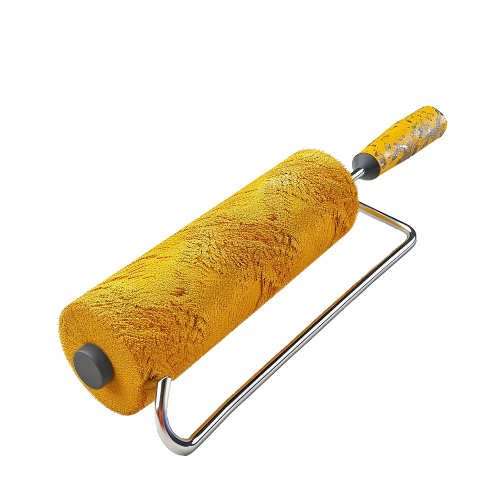 Highresolution 3D render of a yellow paint roller with a metallic handle png