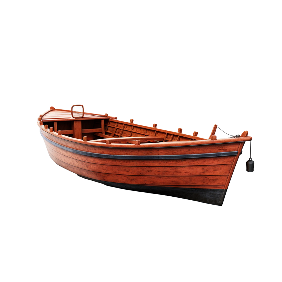 Classic Wooden Rowboat on Display A Vintage Wooden Boat with Dark Trim png