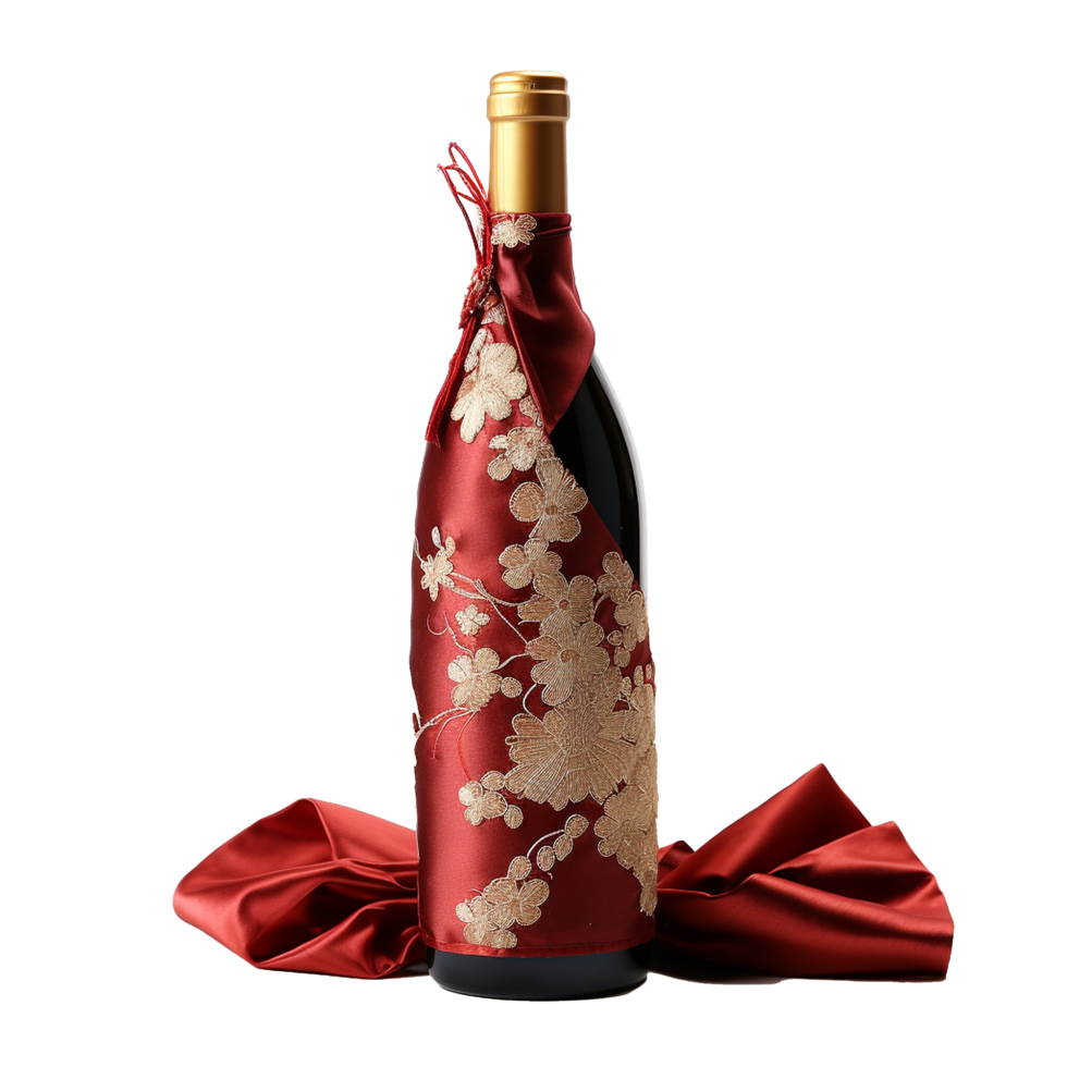 Elegant Wine Bottle with Exquisite Red Satin and Gold Embroidery png