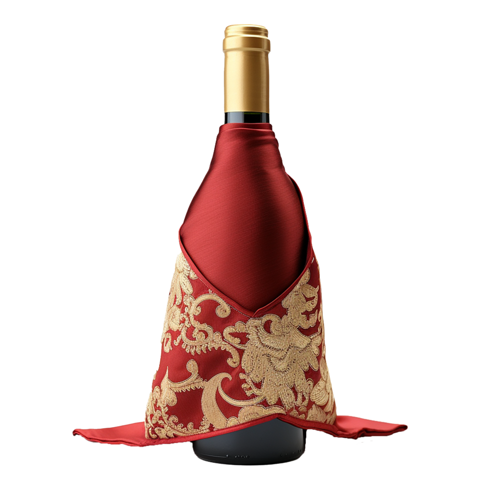 Elegant Wine Bottle Adorned with a Rich Red and Gold Brocade Fabric png