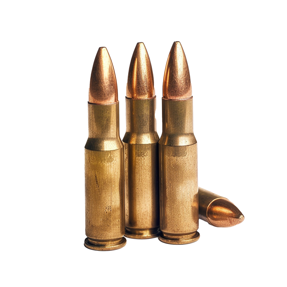 Closeup view of three 9mm Parabellum bullets ammunition cartridges with copperjacketed projectiles png