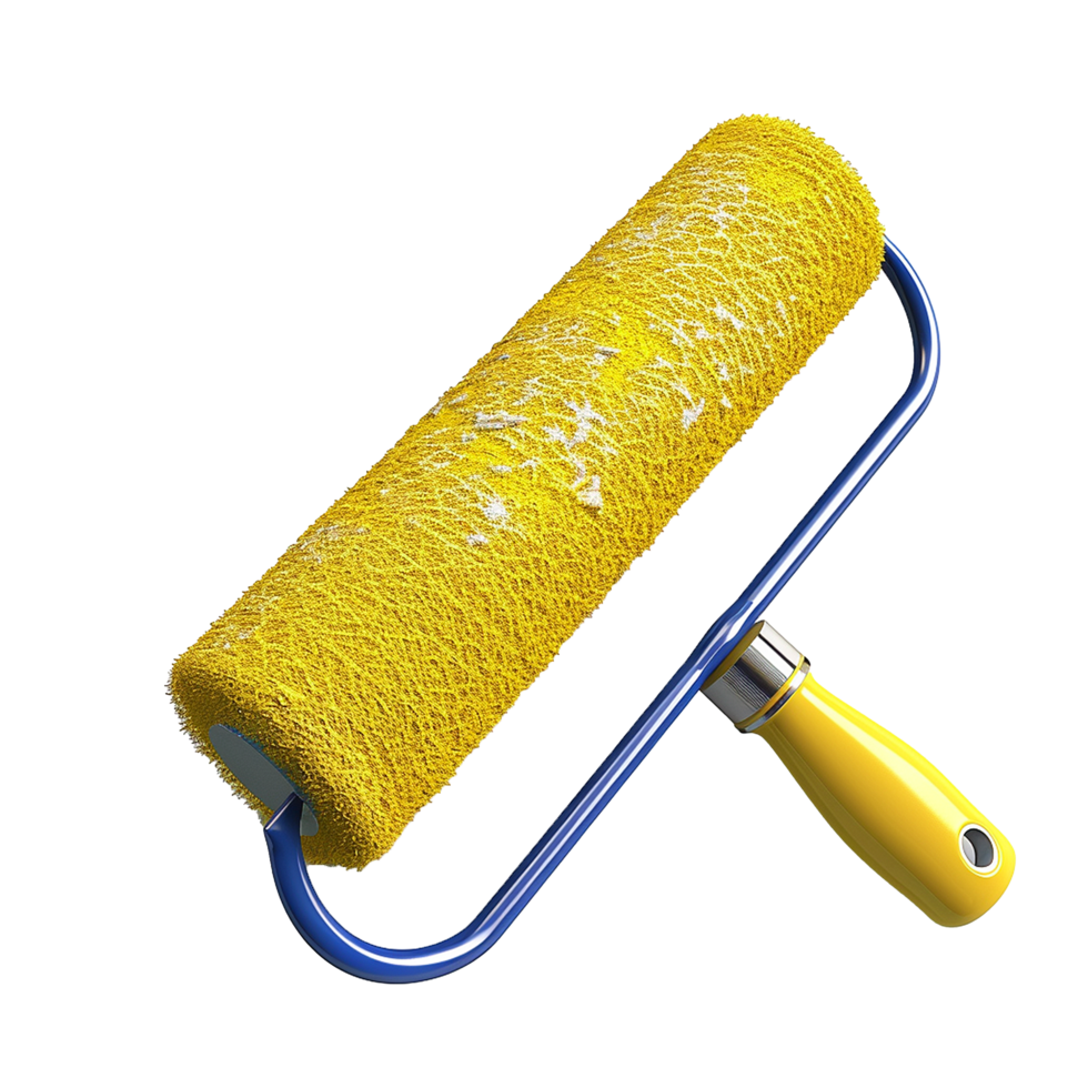 Highresolution 3D render of a yellow paint roller with a blue handle png