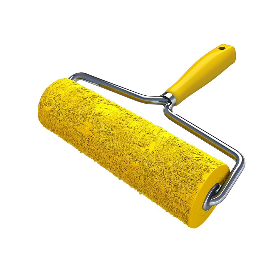 A 3D rendering of a yellow paint roller with a metallic frame and yellow handle png