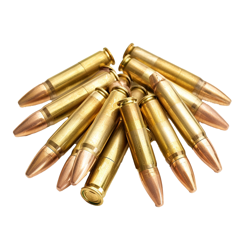 Closeup view of a pile of goldencolored bullets ammunition cartridges on a white background png