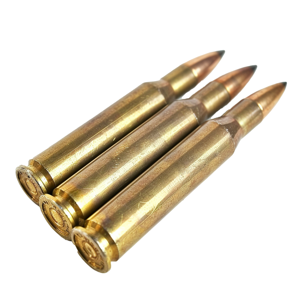 Closeup view of three spent 3006 Springfield rifle cartridges showing brass casings bullet tips and primer pockets png