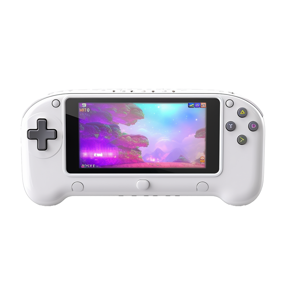 A sleek white handheld gaming console with vibrant fantasy landscape displayed on its screen png