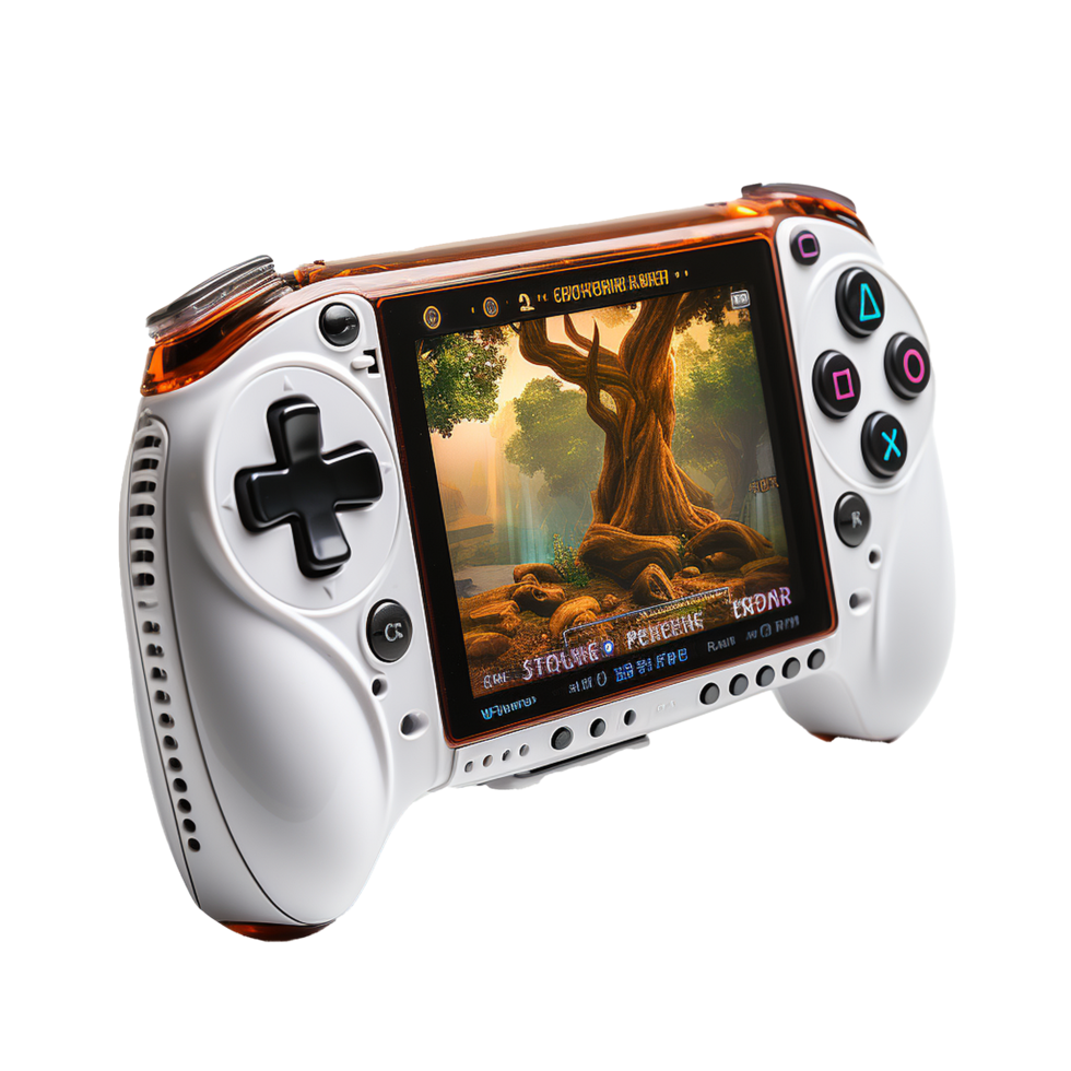 A Stunning HighResolution Image of a RetroStyle Handheld Gaming Console Displaying a Fantasy Landscape png