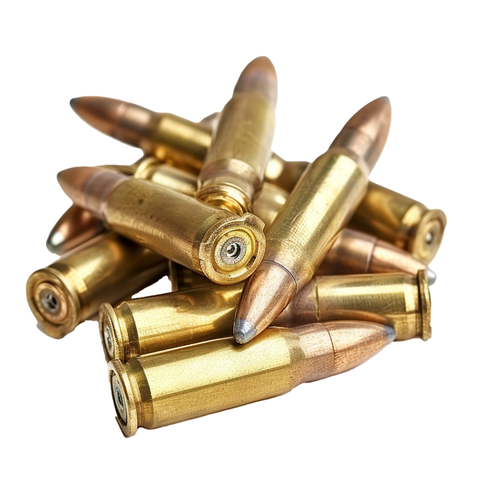 Closeup view of a pile of brass rifle cartridges ammunition bullets showing detail of casings and projectiles png