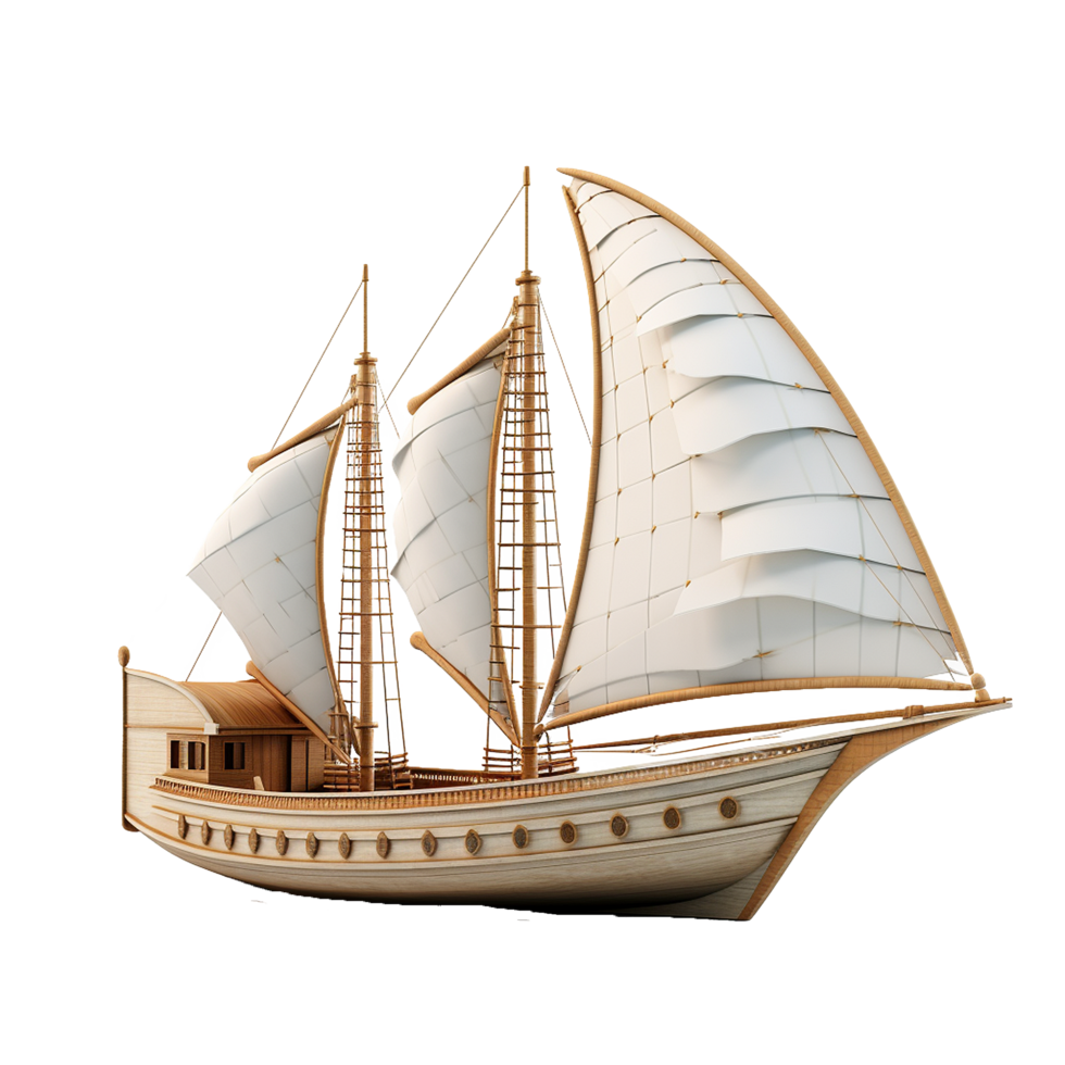Elegant Wooden Sailboat Model with White Sails and Intricate Details png