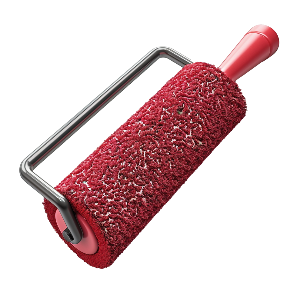 Highresolution 3D render of a red paint roller with a textured surface and metallic handle png
