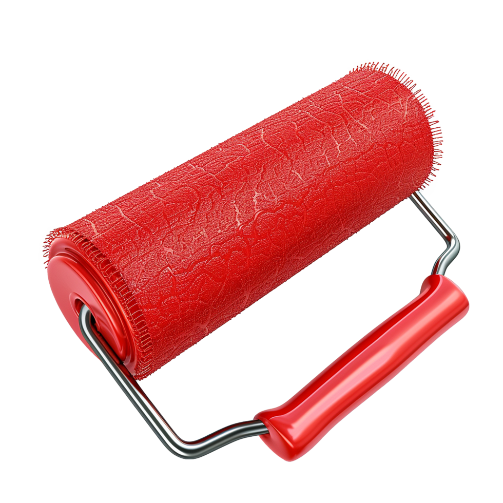 Highresolution 3D render of a red paint roller with textured sleeve and metallic handle png