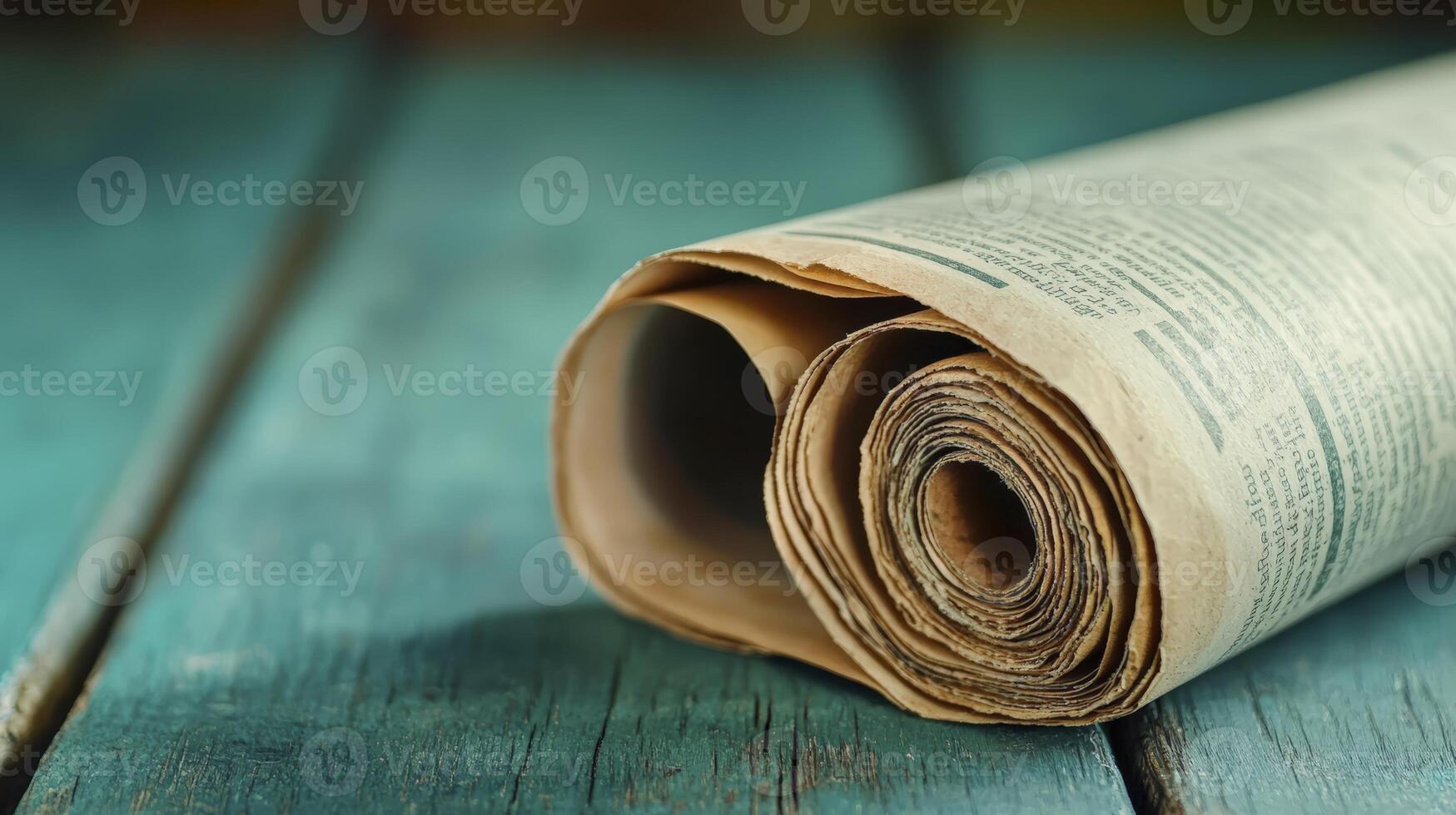 Aged Paper Document Rolled On Teal Wooden Surface photo