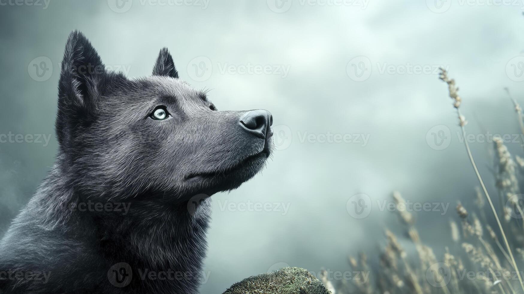 Pointillist Wolf Portrait Against an Overcast Sky photo