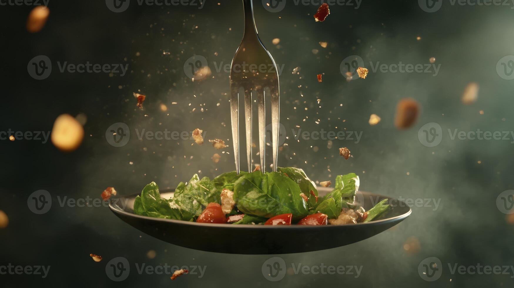 Dark Salad With Nuts Tossed On A Fork And Plate With Smoke Effects photo