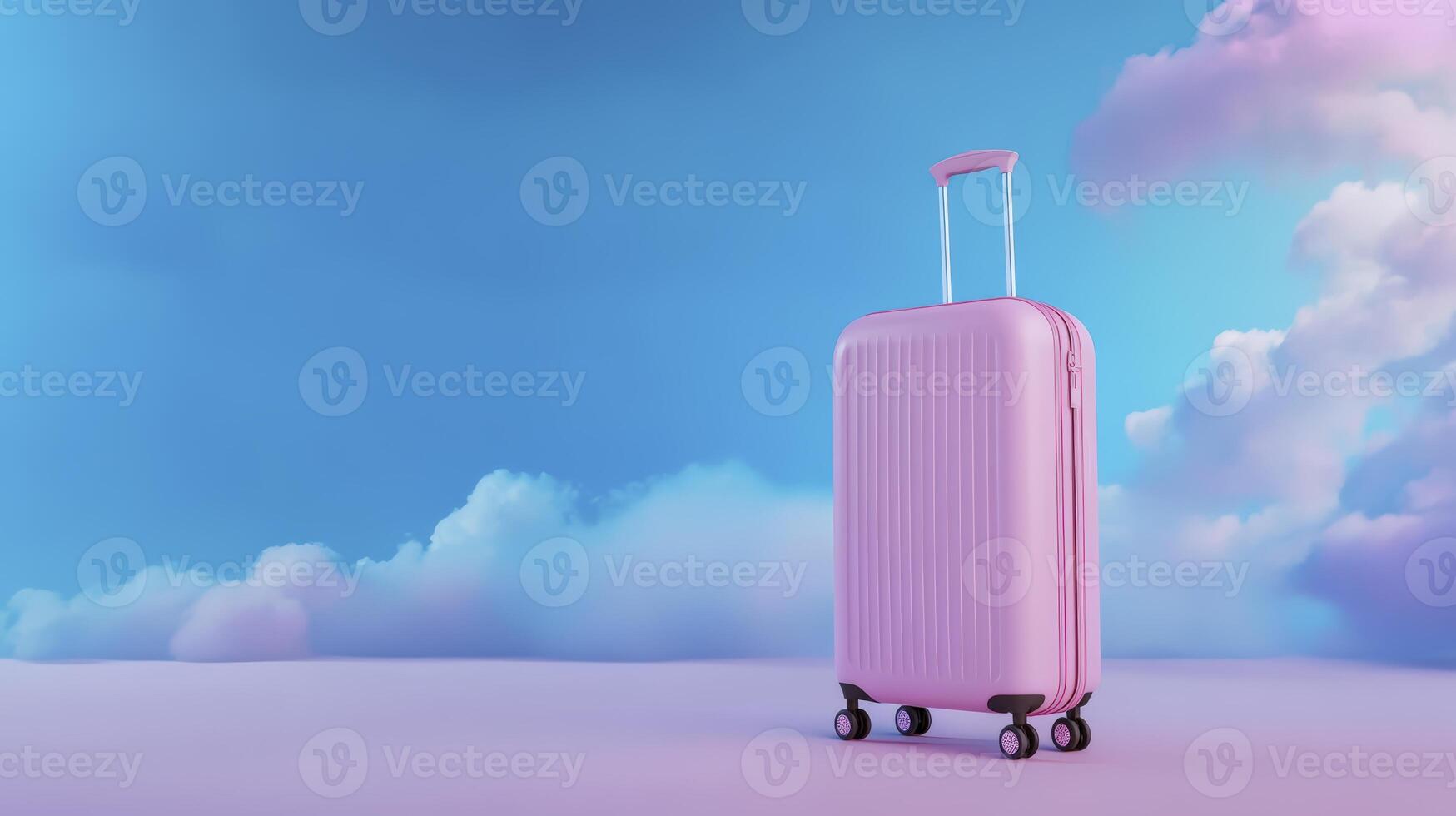 Pastel Pink Suitcase Under A Dreamy Sky Travel And Vacation Concept photo