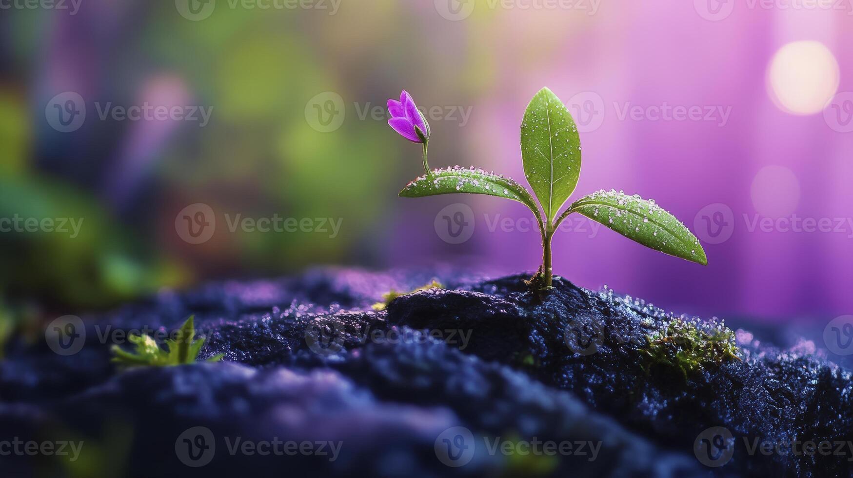 Small Sprout With Purple Flower Emerging From Dark Soil In Soft photo