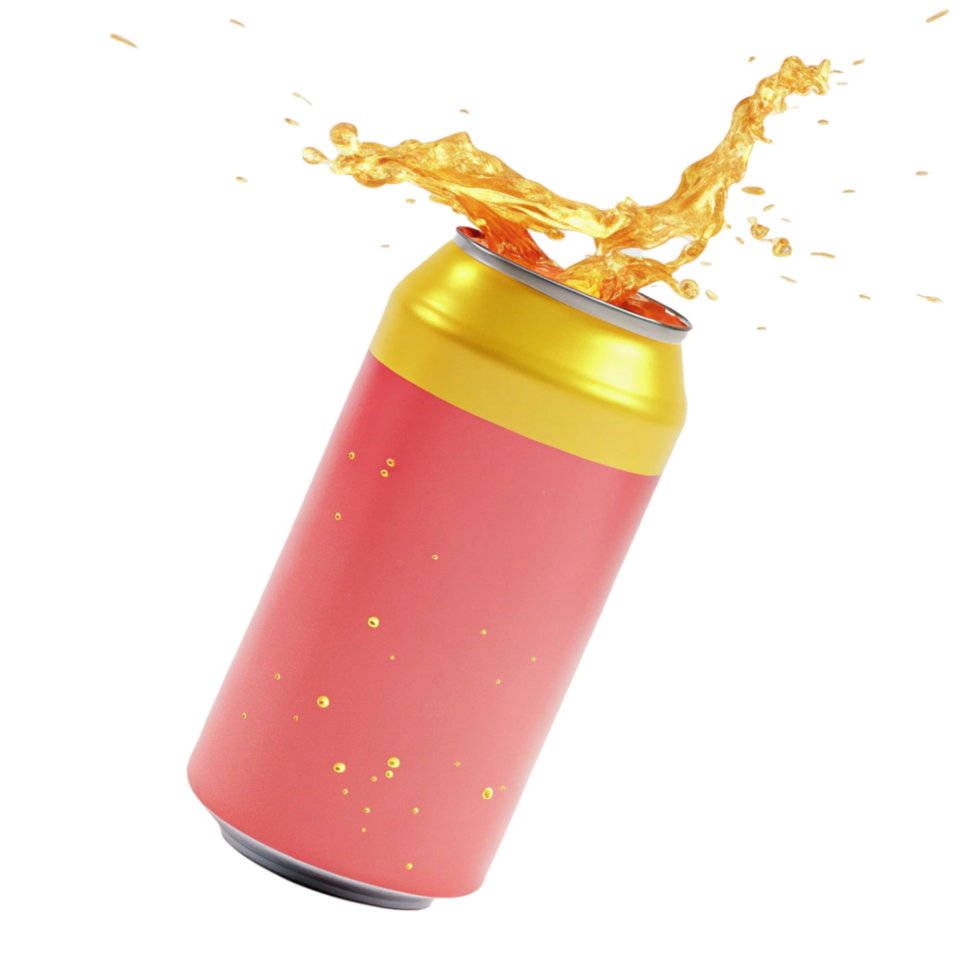 Refreshing Pink Soda Can with Splashing Liquid and Golden Top png