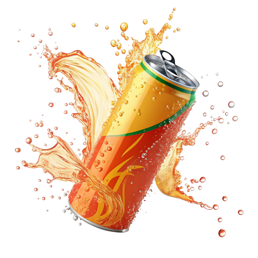 Refreshing Orange Soda Can with Splashing Liquid and Bubbles png