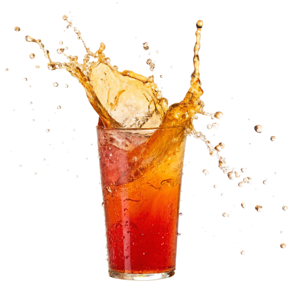 Refreshing Iced Brown Soda Drink Splashing in a Glass png