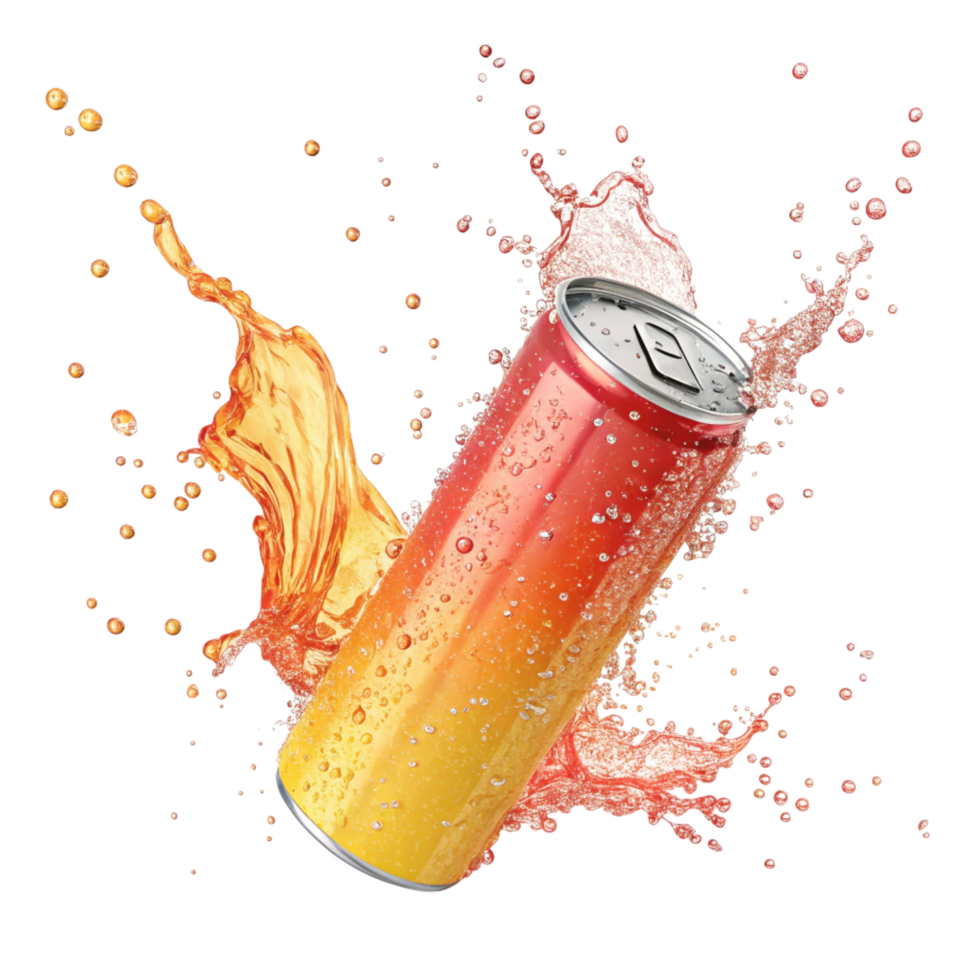 Refreshing Soda Can with Splashing Liquid and Orange and Red Gradient png