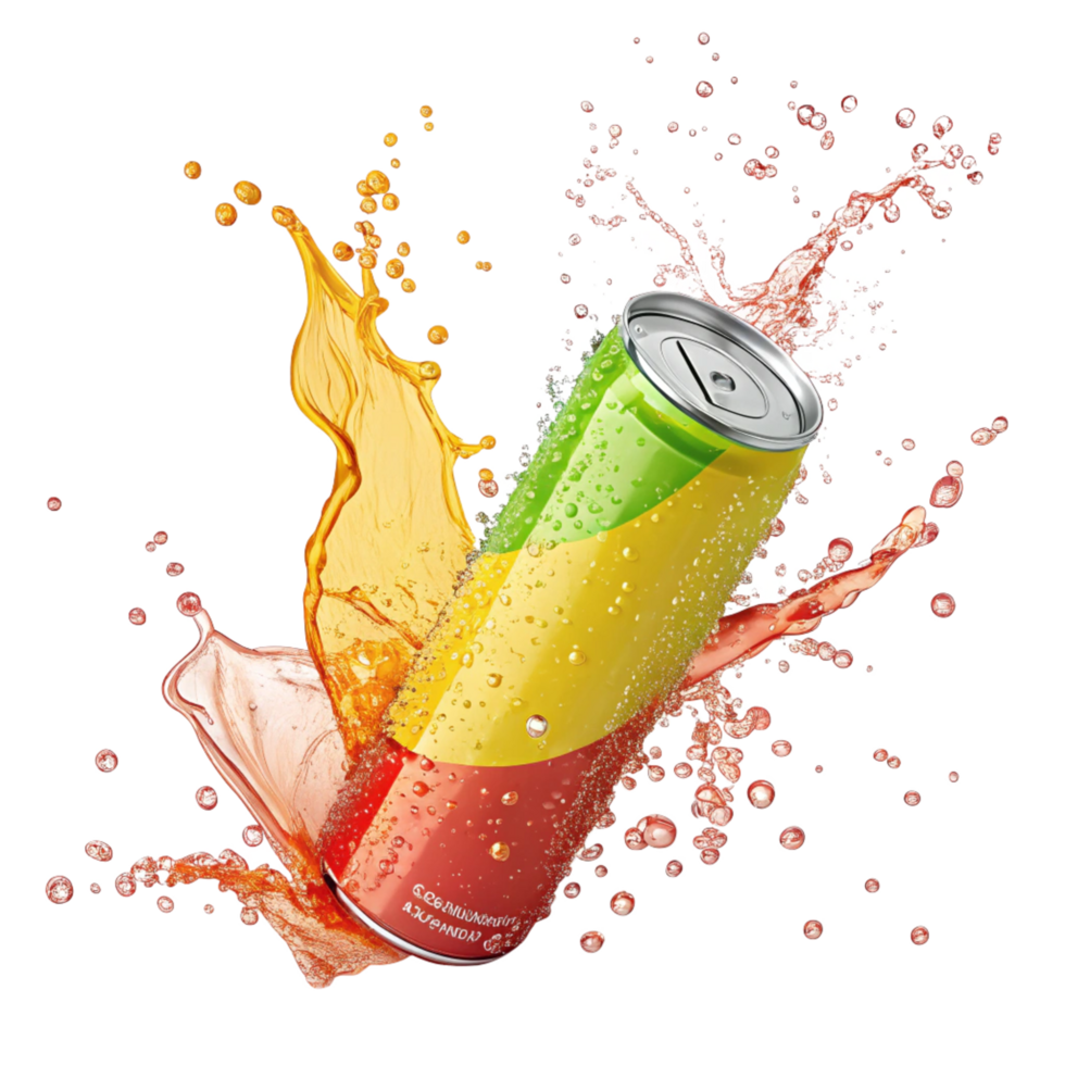 Refreshing Summer Fruit Drink in a Can with Splashing Liquid png